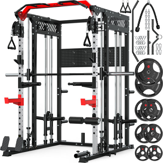 BEARBRO Multi-Function Smith Machine Home Gym, Heavy Duty 2300LBS Power Rack with 230lbs Weight Plates
