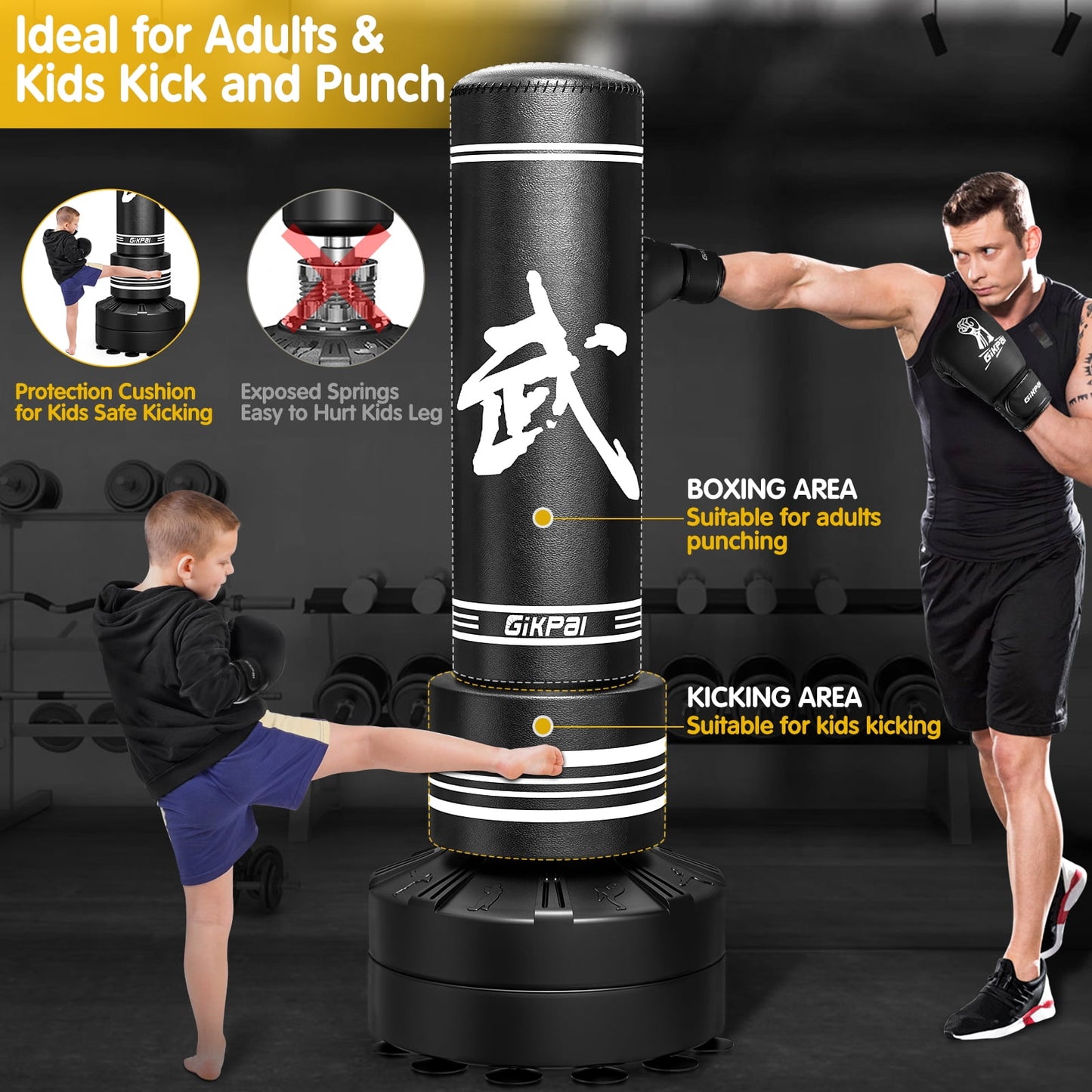 GIKPAL Punching Bag 67"-182lbs Heavy Boxing Bag with Stand for Adult Youth Kids - Freestanding Kickboxing Bag for Home Gym Office