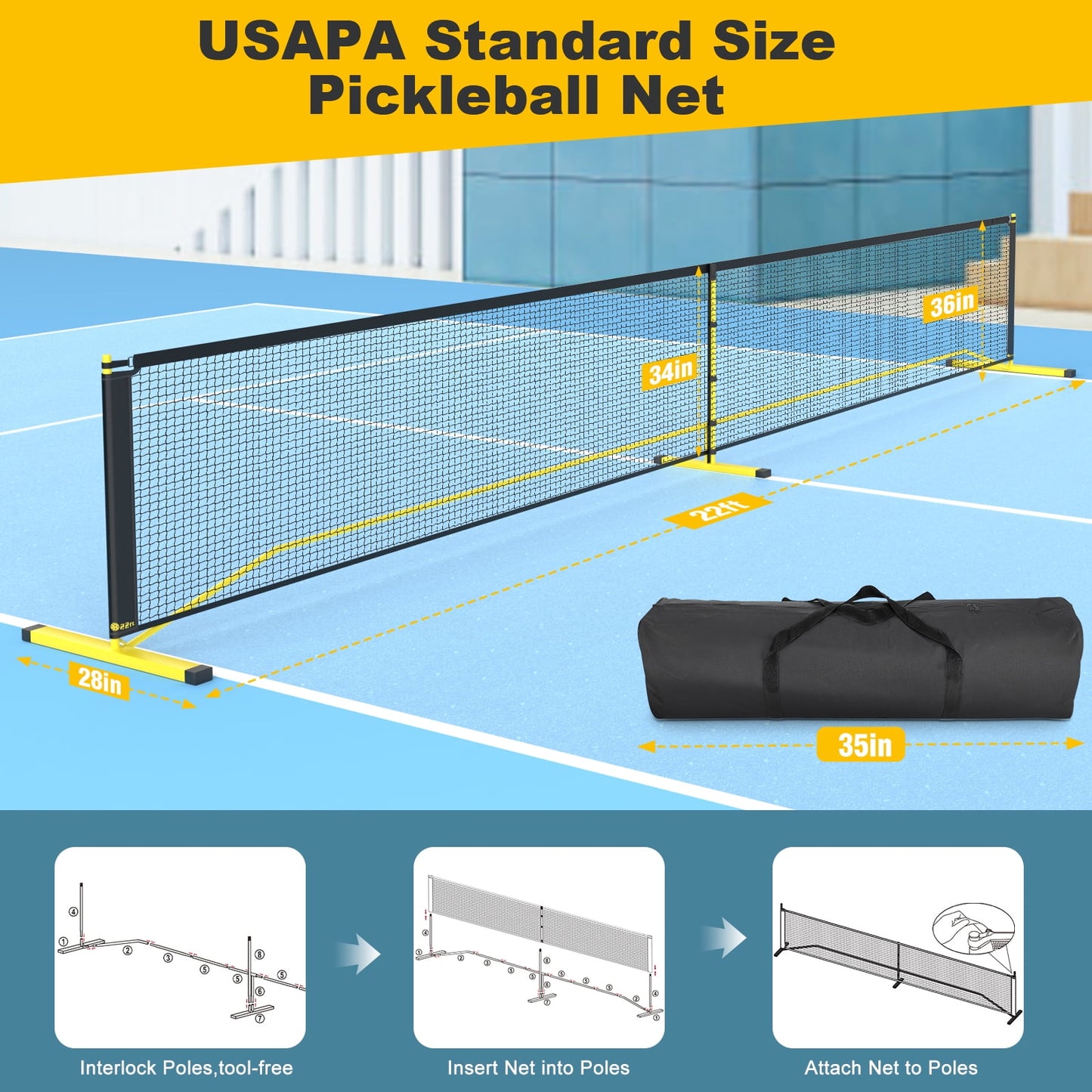 GIKPAL Portable Pickleball Net with Carrying Bag, 22 FT Pickle Ball Net System for Driveway Backyard