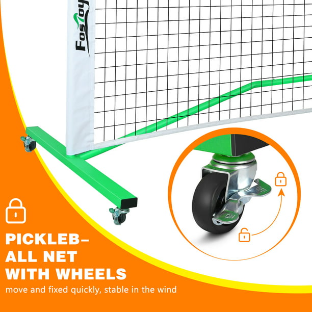 FOSTOY Pickleball Net Set on Wheels for Driveway Portable Regulation Size Pickleball Net System with 4 Paddles,8 Pickle Balls,Court Line Marker,Bag,Weather Resistant Metal Frame Outdoors