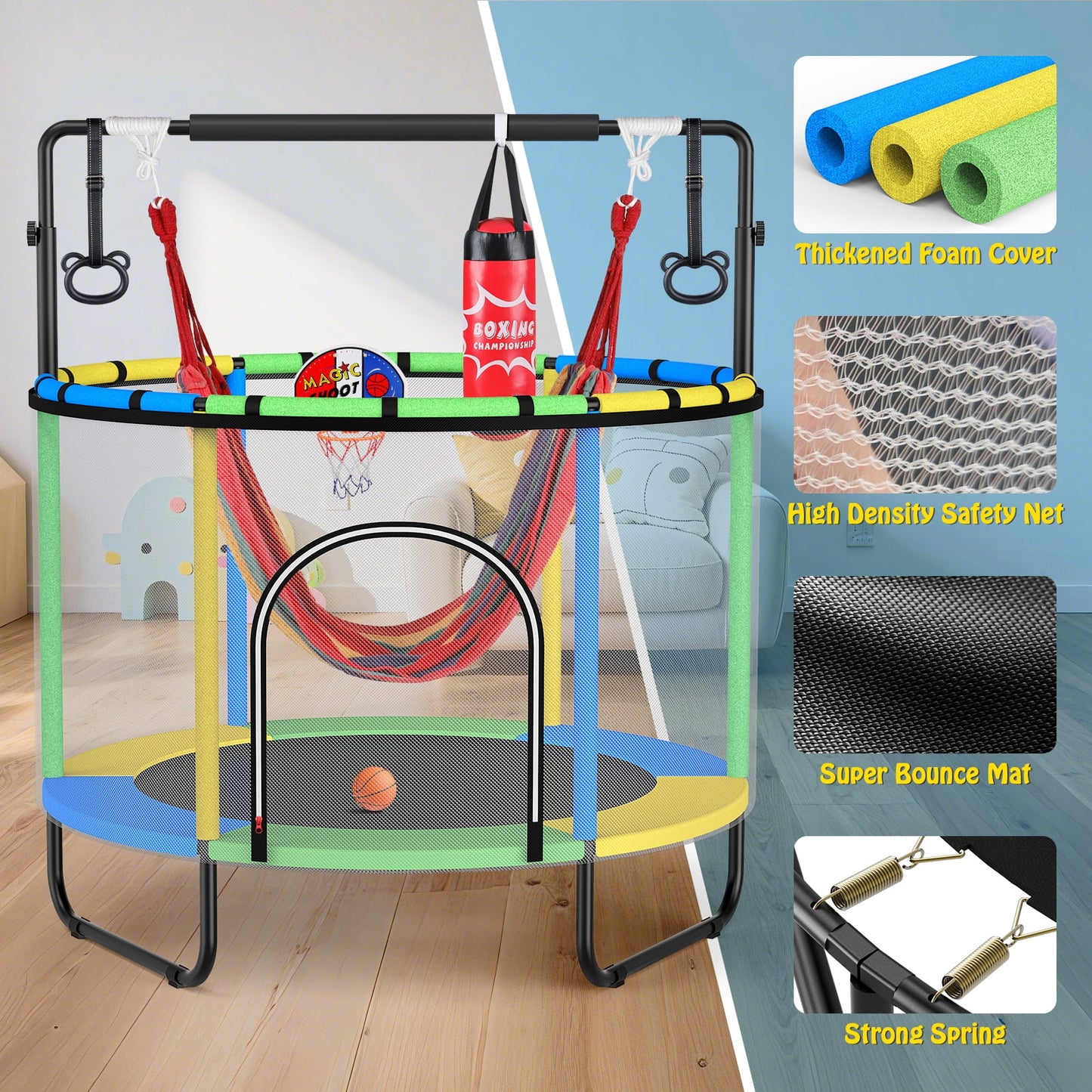 GIKPAL 60'' Kids Trampoline with Basketball Hoop & Safety Net, Swing, Rings, Gymnastic Bar, Indoor/Outdoor Toddler Trampoline Gift for Boys & Girls, Yellow