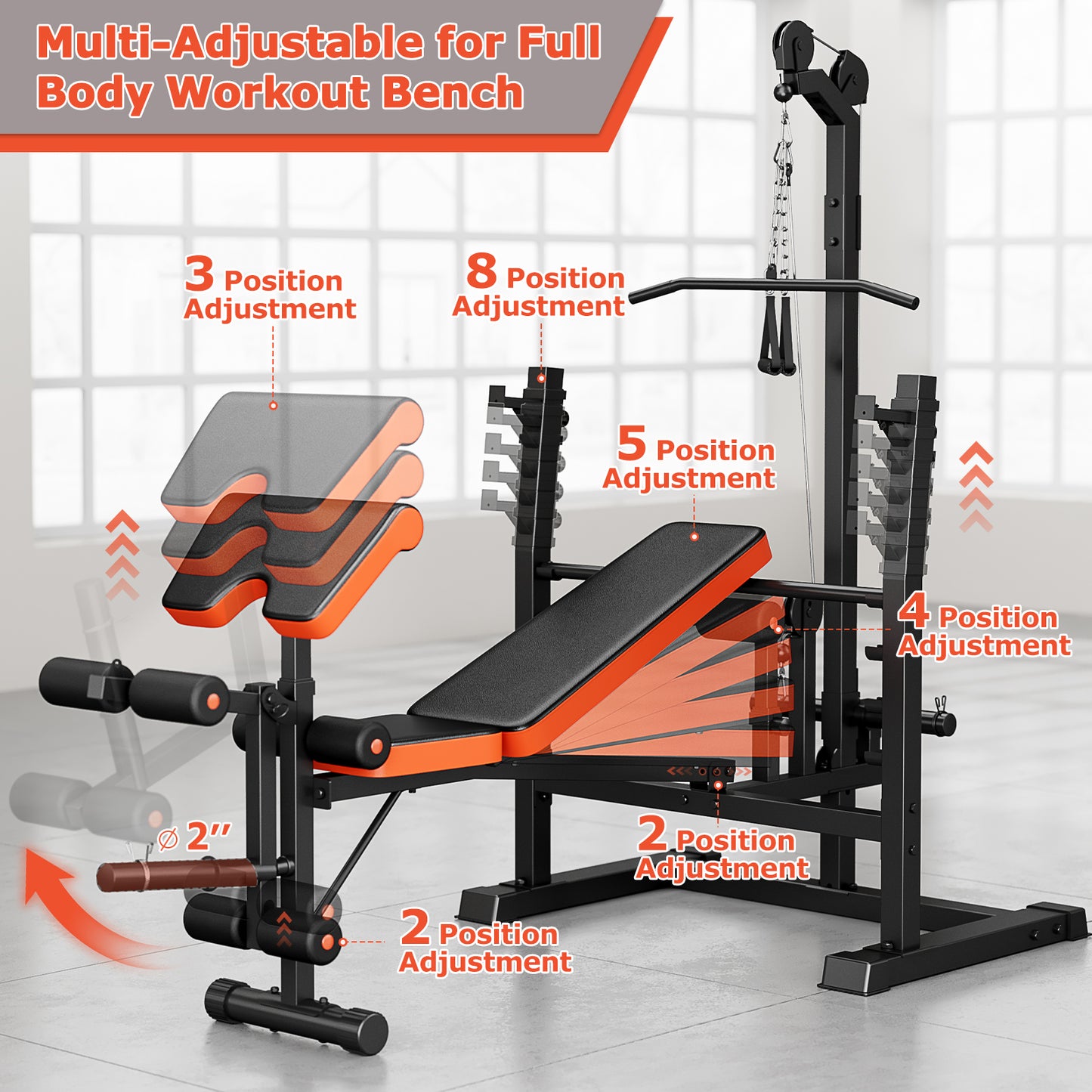 GIKPAL 800lbs 10-in-1 Multi-Function Adjustable Weight Bench Set with Row Machine & Lat Pull Down,Workout Bench with 70lb(10lb*2+25lb*2) Weight Plates