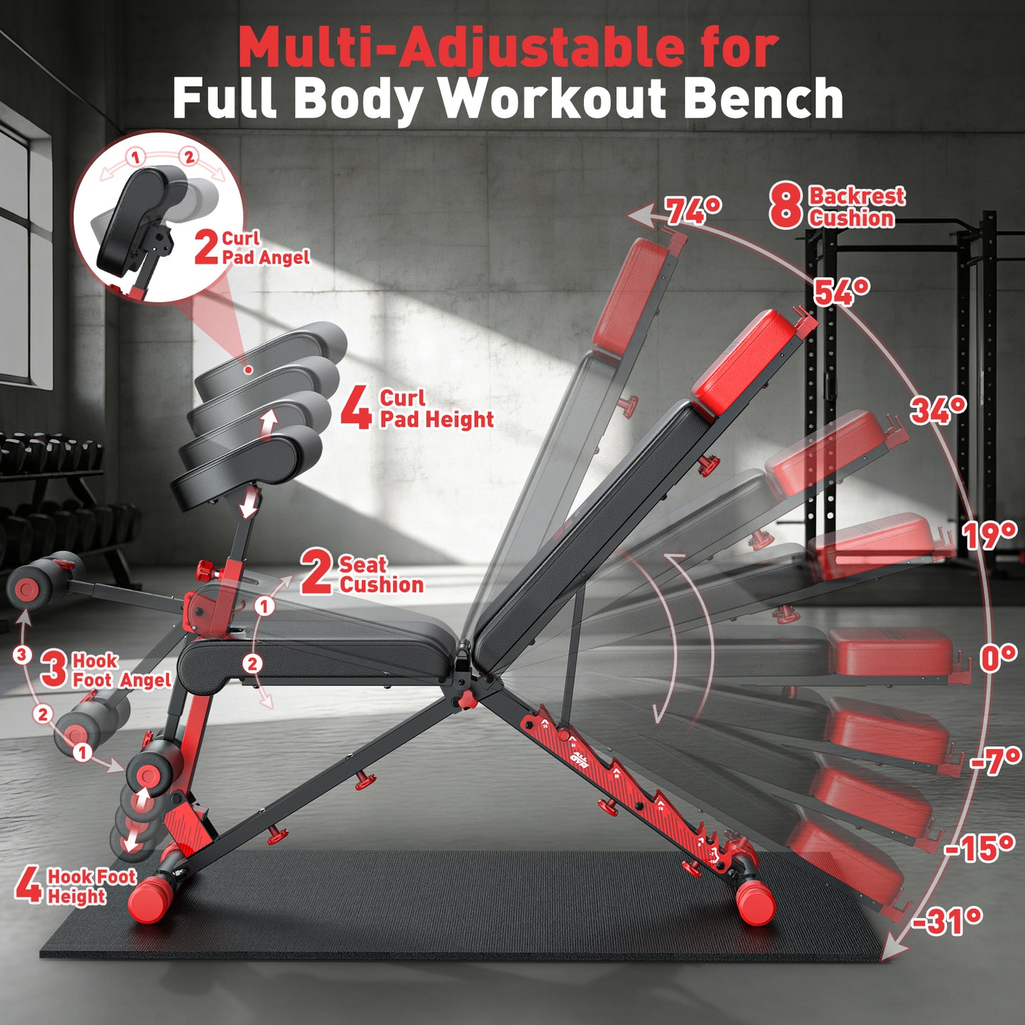 GIKPAL 8 Positions Multi-purpose Adjustable Weight Bench with Resistance Band,Foldable Workout Bench With Extended Headrest & Preacher Curl for Home Gym, 880lbs Capacity