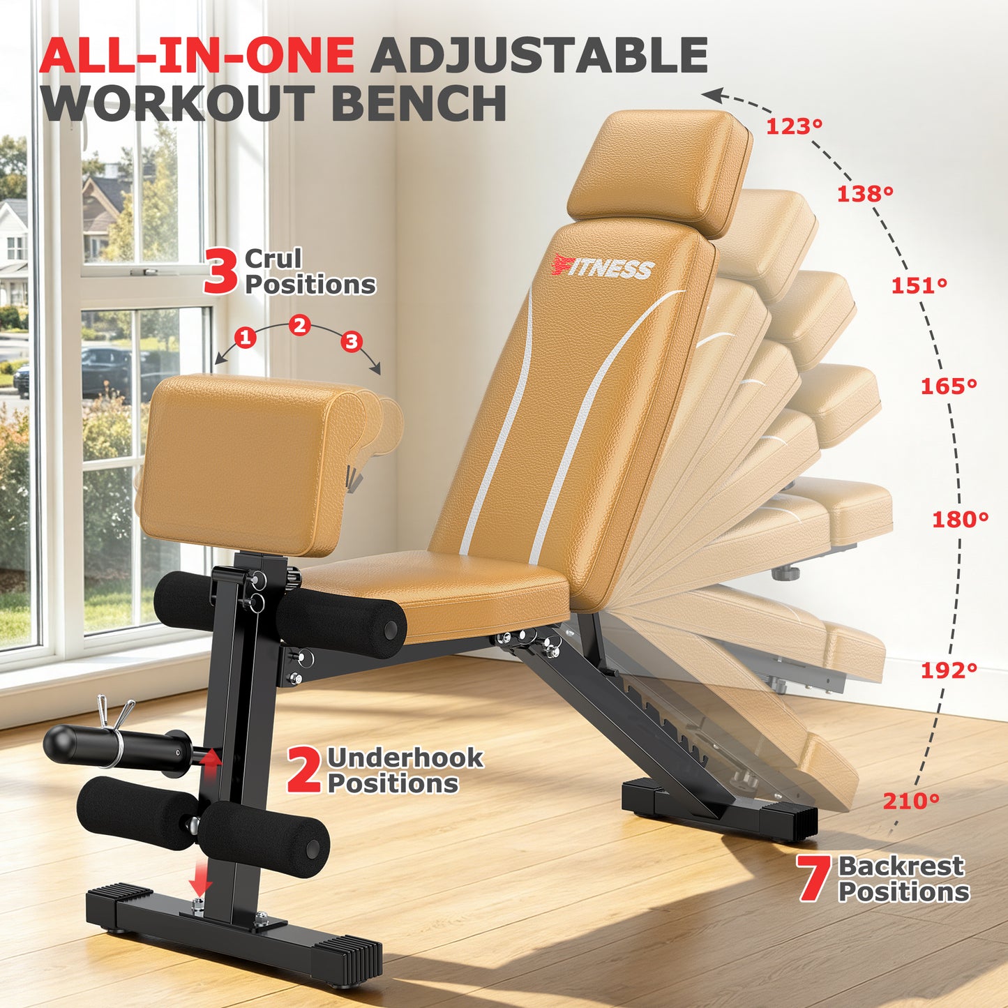 GIKPAL 7 Positions Adjustable Weight Bench With Extended Headrest & Preacher Curl,Foldable Workout Bench Olympic Weight Bench for Home Gym Full Body Strength Training,Support up to 800lbs