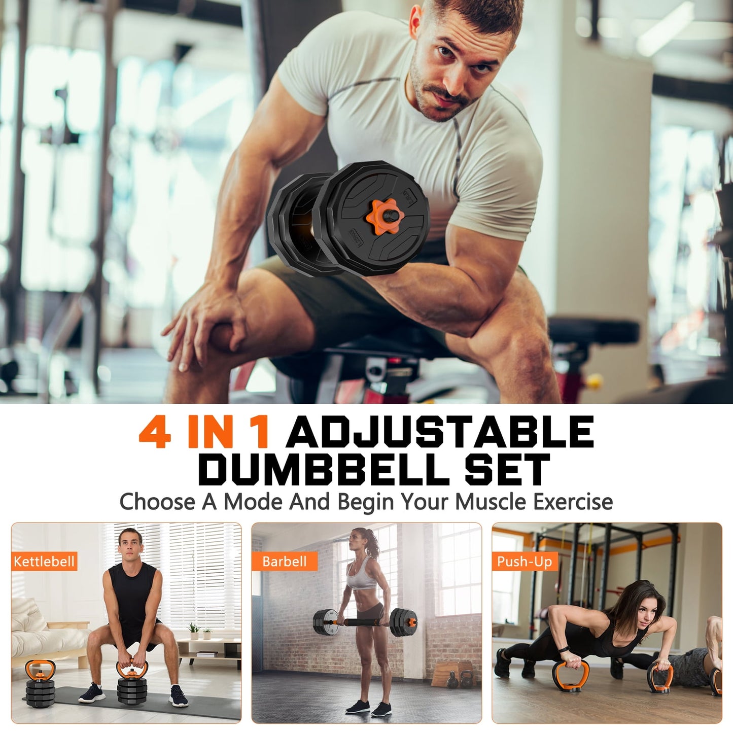 GIKPAL 88lb 4-in-1 Adjustable Dumbbells Set Free Weight Set with Connector Used as Barbell, Kettlebells, Push up Stand, Fitness Exercises for Home Gym Suitable Men/Women