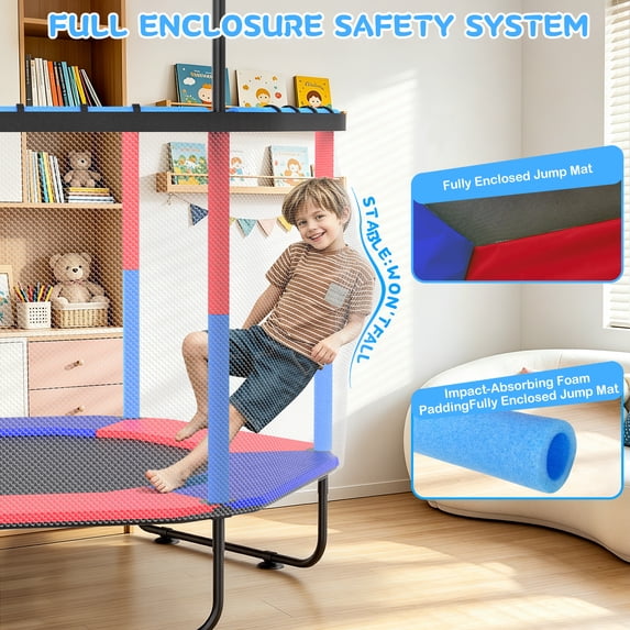 GIKPAL 60'' Kids Trampoline with Basketball Hoop & Safety Net, Rings, Gymnastic Bar, Indoor/Outdoor Toddler Trampoline Gift for Boys & Girls, Blue