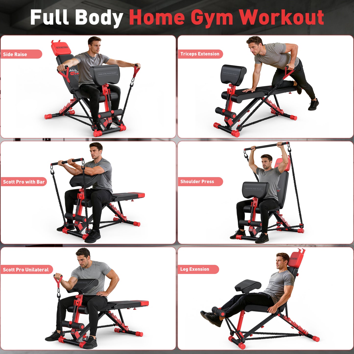 GIKPAL 8 Positions Multi-purpose Adjustable Weight Bench with Resistance Band,Foldable Workout Bench With Extended Headrest & Preacher Curl for Home Gym, 880lbs Capacity