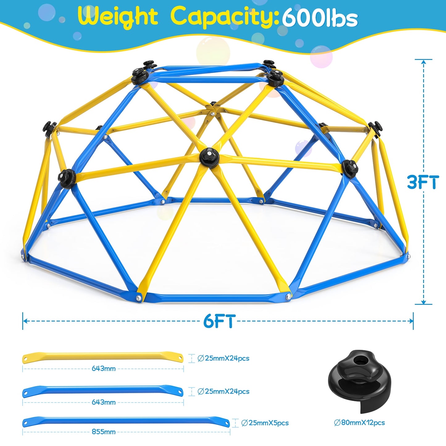 GIKPAL 6FT Dome Climber, Jungle Gym for Kids 3-5 Year Outdoor Play Center, Supporting 600 lbs Rugged and Interesting Climbing Dome, Yellow and Blue