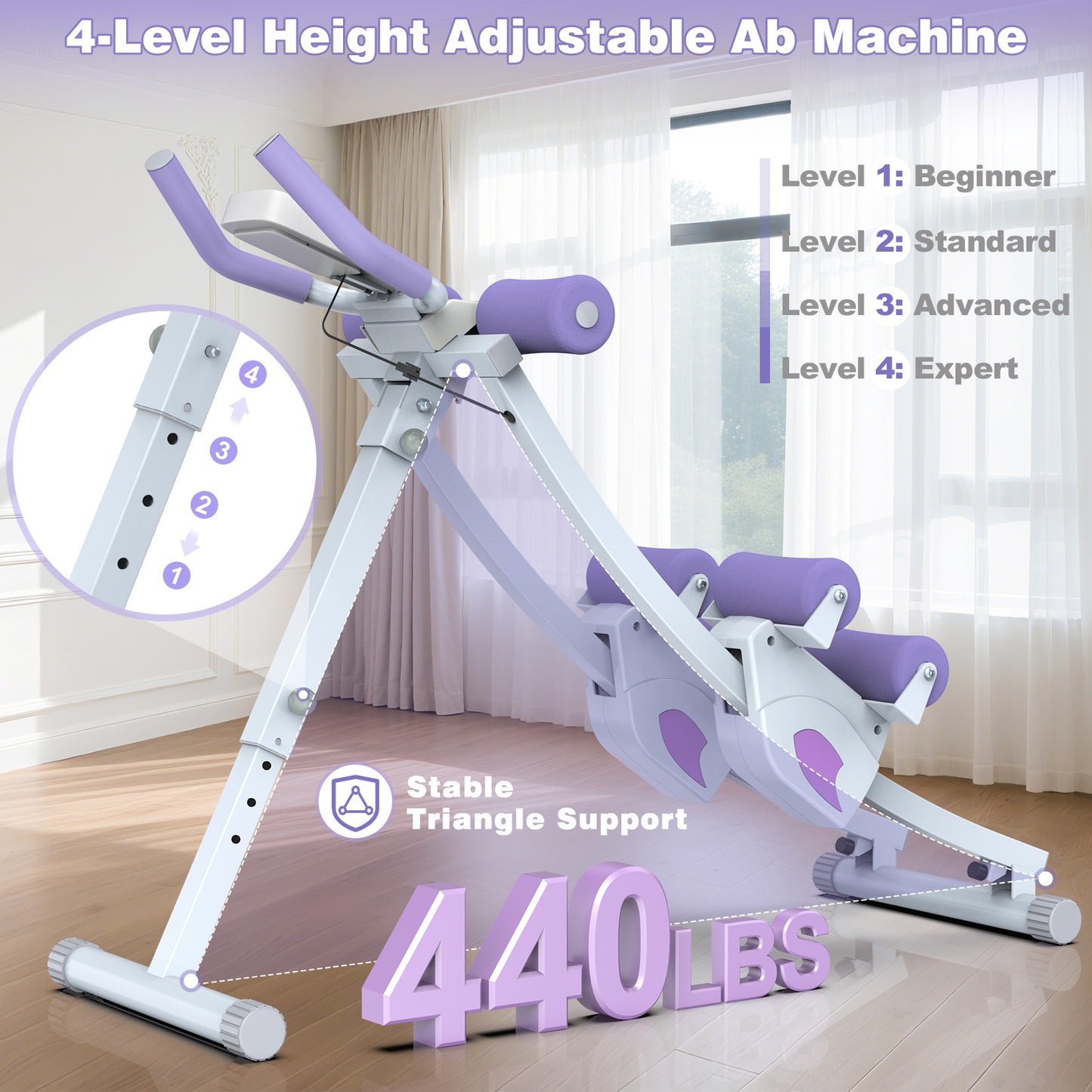 GIKPAL Fitness Ab Machine, 4 Adjustable Resistance Levels Ab Workout Equipment for Home Gym, Height Adjustable Ab Trainer, Foldable Fitness Equipment.440lbs Weight Capacity