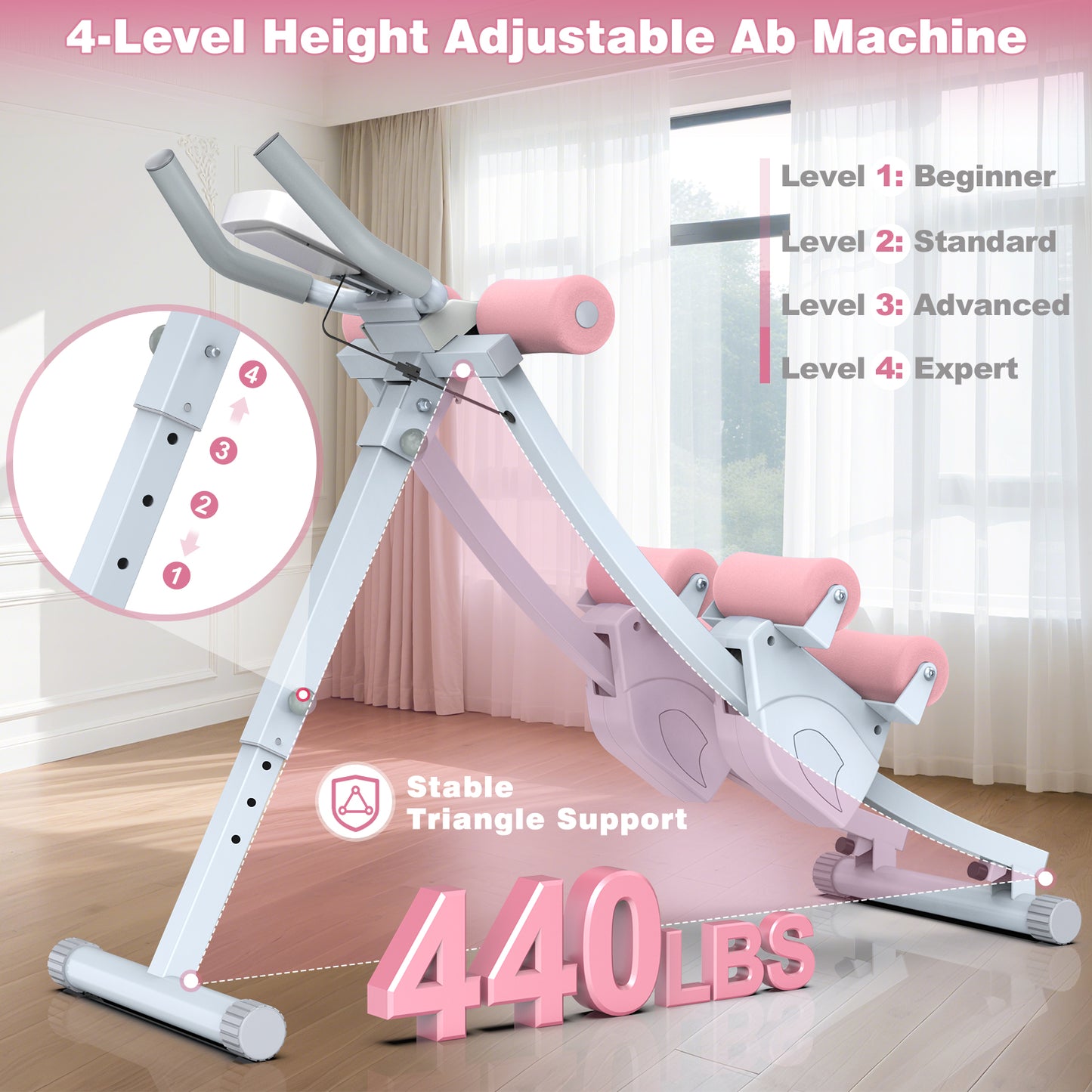 GIKPAL Fitness Ab Machine, 4 Adjustable Resistance Levels Ab Workout Equipment for Home Gym, Height Adjustable Ab Trainer, Foldable Fitness Equipment.440lbs Weight Capacity