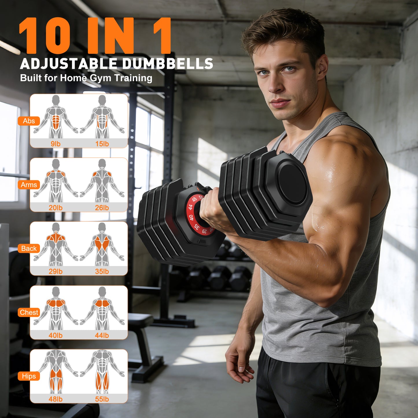 GIKPAL 110LB(55lbs*2) Adjustable Dumbbells Set of 2,10 in 1 Quick-Select 9-55lbs Free Weight Adjustable Dumbbells for Men/Women Home Gym