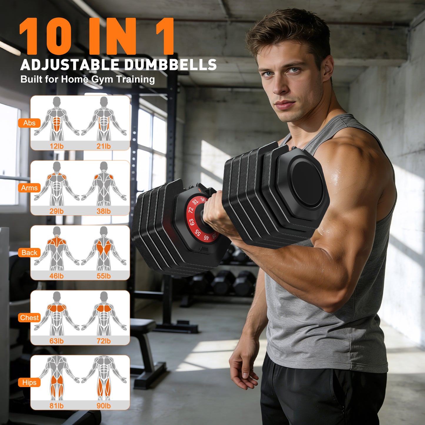 GIKPAL 180LB(90lbs*2) Adjustable Dumbbells Set of 2,10 in 1 Quick-Select 12-90lbs Free Weight Adjustable Dumbbells for Men/Women Home Gym