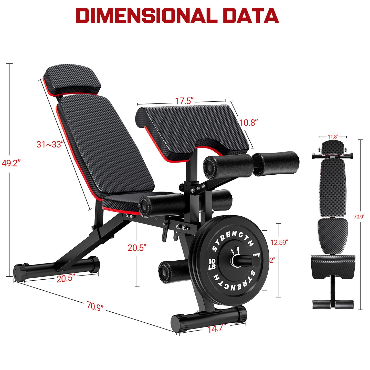 GIKPAL Built-in Transportation Wheel 10 Positions Adjustable Weight Bench