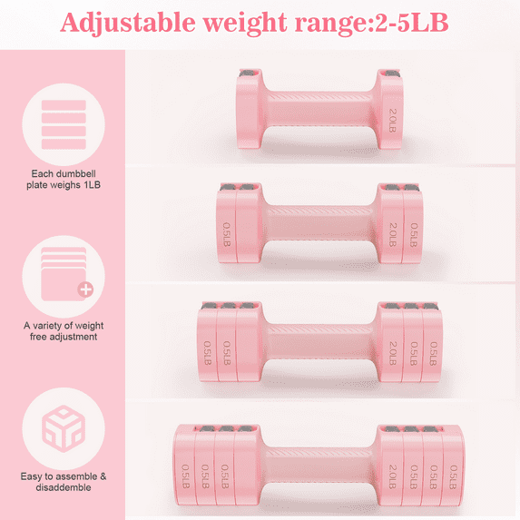 GIKPAL 5lbs*2 Adjustable Dumbbells Set, 4-in-1 Free Weights for Women, Each 2lb 3lb 4lb 5lb Hand Weights for Home Gym, Pink