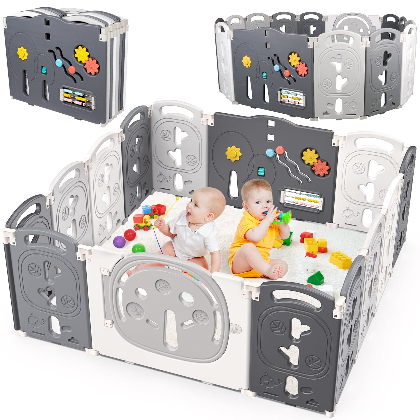 GIKPAL 14-Panel Foldable Baby Playpen,Unisex Kids Playard Center with Lock Door,Play Pens for Babies and Toddlers, Portable Play Pen, Gray