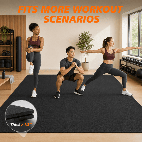 GIKPAL 8*6FT Large Exercise Mat, High-Density Non-Slip Workout Mat for Home Gym, Yoga, Pilates & Floor Fitness, Black
