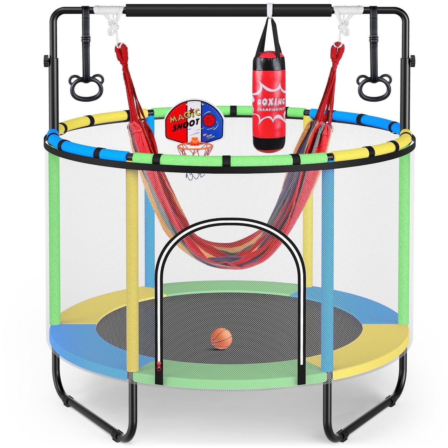 GIKPAL 60'' Kids Trampoline with Basketball Hoop & Safety Net, Swing, Rings, Gymnastic Bar, Indoor/Outdoor Toddler Trampoline Gift for Boys & Girls, Yellow