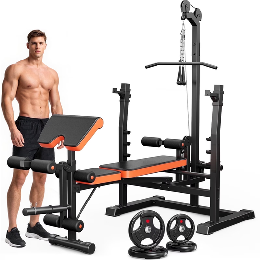 GIKPAL 800lbs 10-in-1 Multi-Function Adjustable Weight Bench Set with Row Machine & Lat Pull Down,Workout Bench with 70lb(10lb*2+25lb*2) Weight Plates