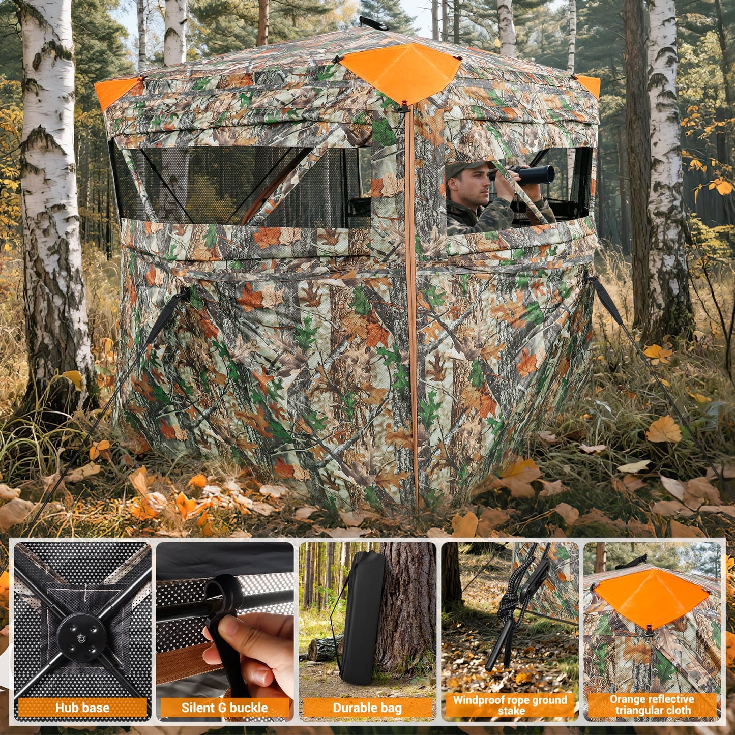 GIKPAL Portable 4 Person 270 Degree See Through Hunting Blind Pop-Up Ground Blind with Tie-downs & Carrying Bag for Deer, Duck and Turkey Hunting