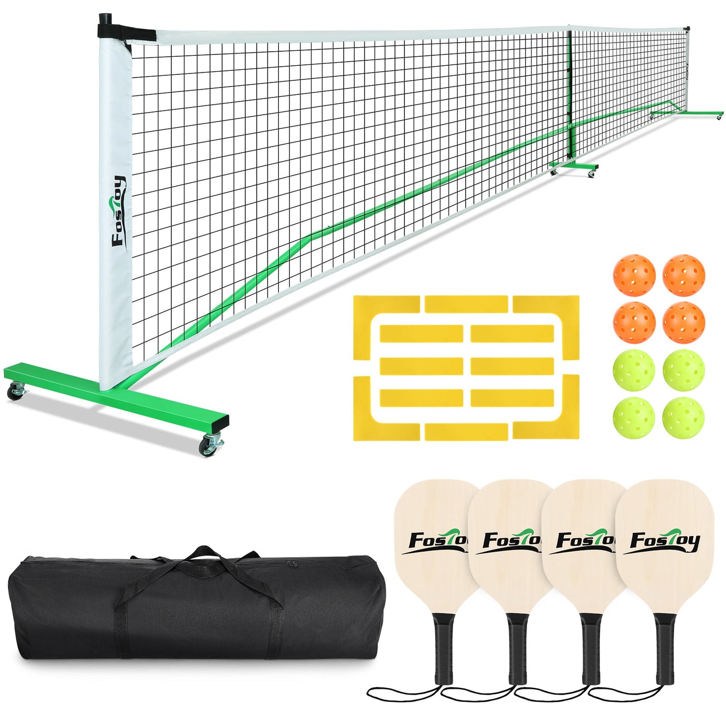 FOSTOY Pickleball Net Set on Wheels for Driveway Portable Regulation Size Pickleball Net System with 4 Paddles,8 Pickle Balls,Court Line Marker,Bag,Weather Resistant Metal Frame Outdoors