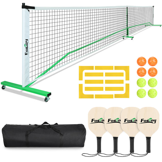 FOSTOY Pickleball Net Set on Wheels for Driveway Portable Regulation Size Pickleball Net System with 4 Paddles,8 Pickle Balls,Court Line Marker,Bag,Weather Resistant Metal Frame Outdoors