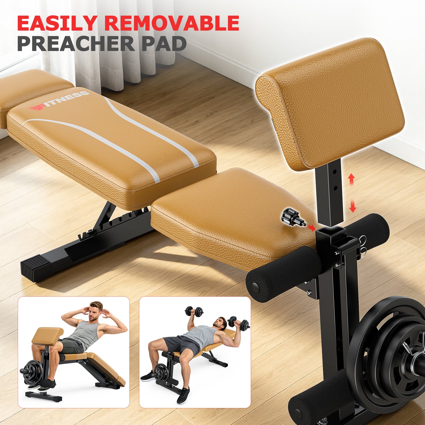 GIKPAL 7 Positions Adjustable Weight Bench With Extended Headrest & Preacher Curl,Foldable Workout Bench Olympic Weight Bench for Home Gym Full Body Strength Training,Support up to 800lbs