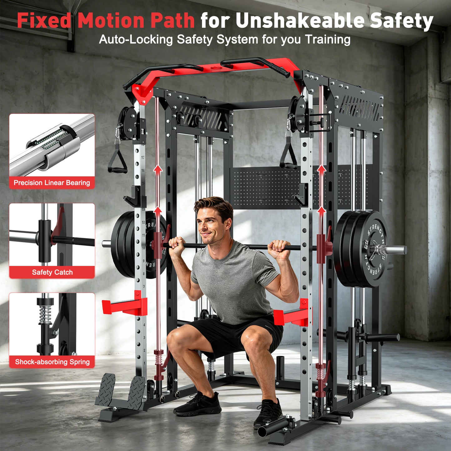 BEARBRO Multi-Function Smith Machine Home Gym, Heavy Duty 2300LBS Power Rack with Squat Rack, Dual Pulley Cable Crossover System, Weight Bar & 360° Landmine