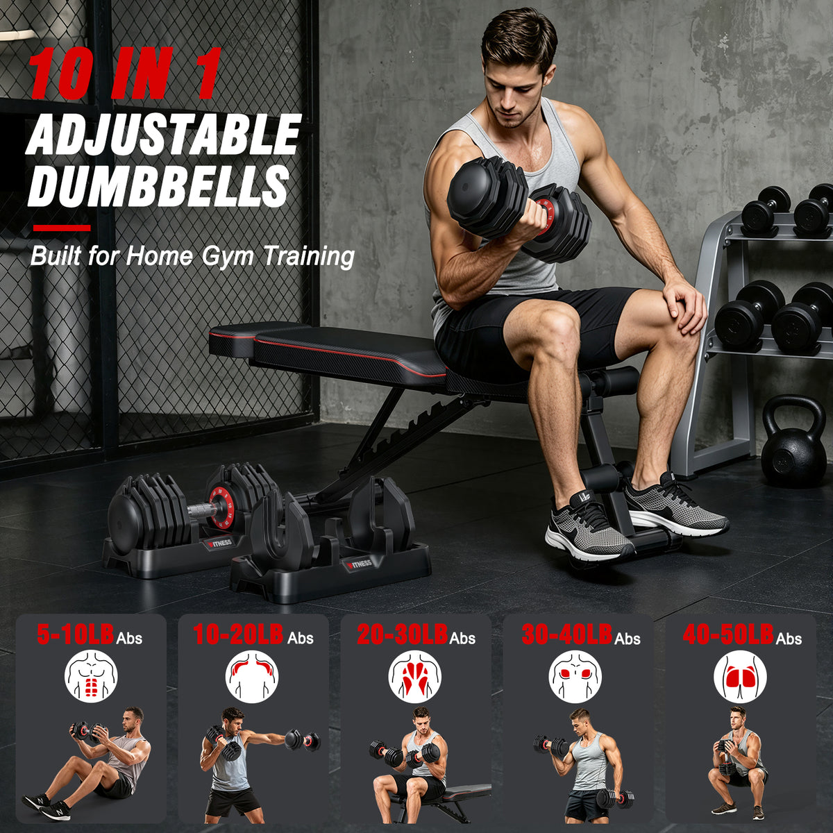 GIKPAL 100LB(50lbs*2) Adjustable Dumbbells Set,10 in 1 Quick-Select 10-50lbs Weight Adjustable Dumbbells for Full Body Home Workout