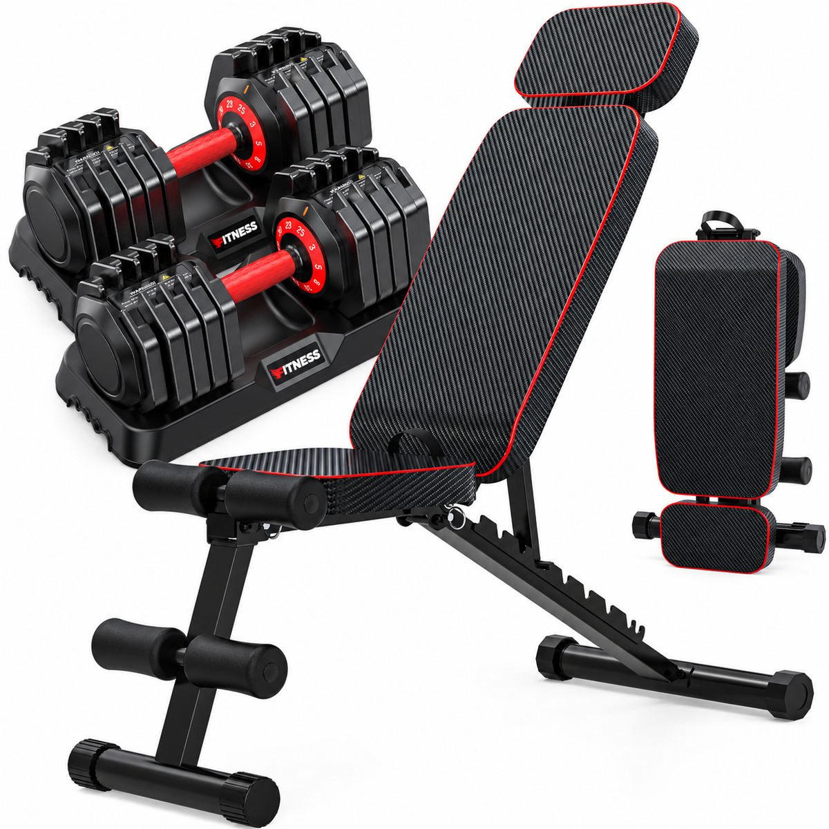 BEARBRO 9 Positions Adjustable Foldable Weight Bench Workout Bench with 10 in 1 Quick-Select 50LB(25lbs*2) Adjustable Dumbbells