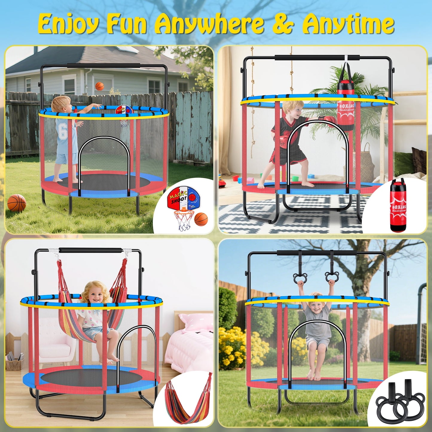 GIKPAL 60'' Kids Trampoline with Basketball Hoop & Safety Net, Swing, Rings, Gymnastic Bar, Indoor/Outdoor Toddler Trampoline Gift for Boys & Girls, Blue