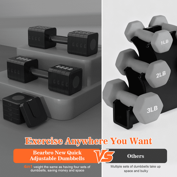 GIKPAL 10lbs*2 Adjustable Dumbbells Set, 4-in-1 Free Weights for Women, Each 3lb 5lb 7lb 9lb 11lb Hand Weights for Home Gym, Black