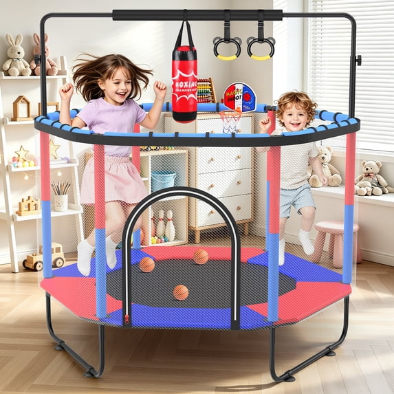 GIKPAL 60'' Kids Trampoline with Basketball Hoop & Safety Net, Rings, Gymnastic Bar, Indoor/Outdoor Toddler Trampoline Gift for Boys & Girls, Blue