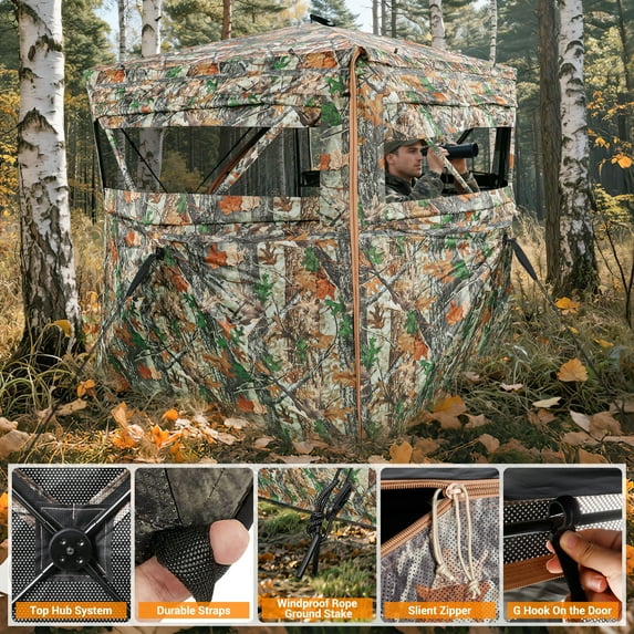 GIKPAL Portable 2-3 Person 270 Degree See Through Hunting Blind Pop-Up Ground Blind with Tie-downs & Carrying Bag for Deer, Duck and Turkey Hunting