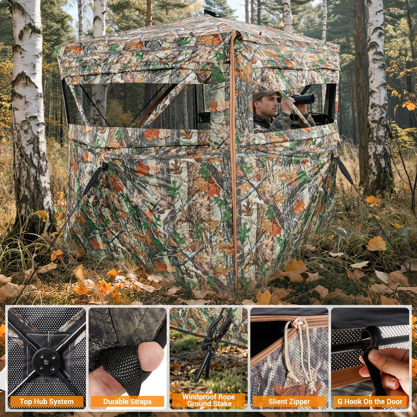 GIKPAL Portable 360-Degree See Through Hunting Blind for 2-3 People with Tie-Downs and Carrying Bag, Ideal for Deer, Duck, and Turkey Hunting