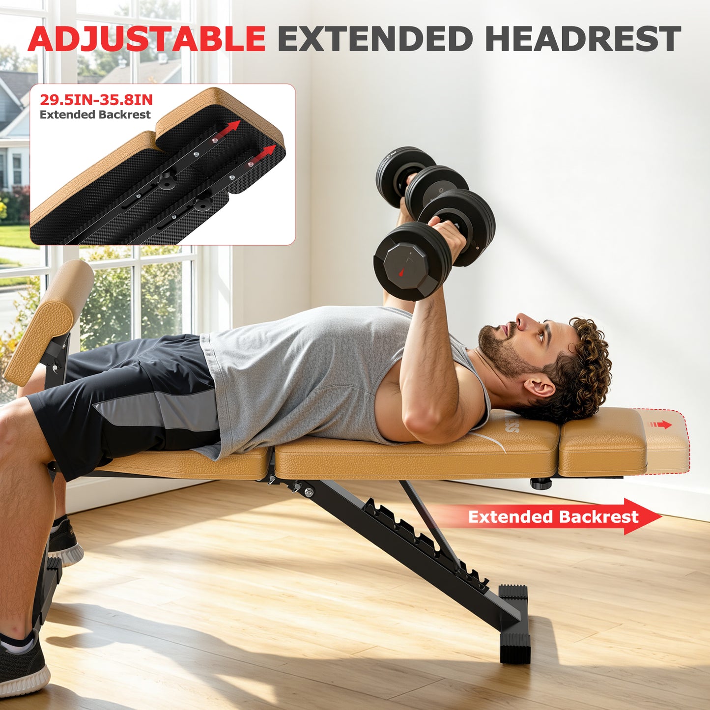 GIKPAL 7 Positions Adjustable Weight Bench With Extended Headrest & Preacher Curl,Foldable Workout Bench Olympic Weight Bench for Home Gym Full Body Strength Training,Support up to 800lbs
