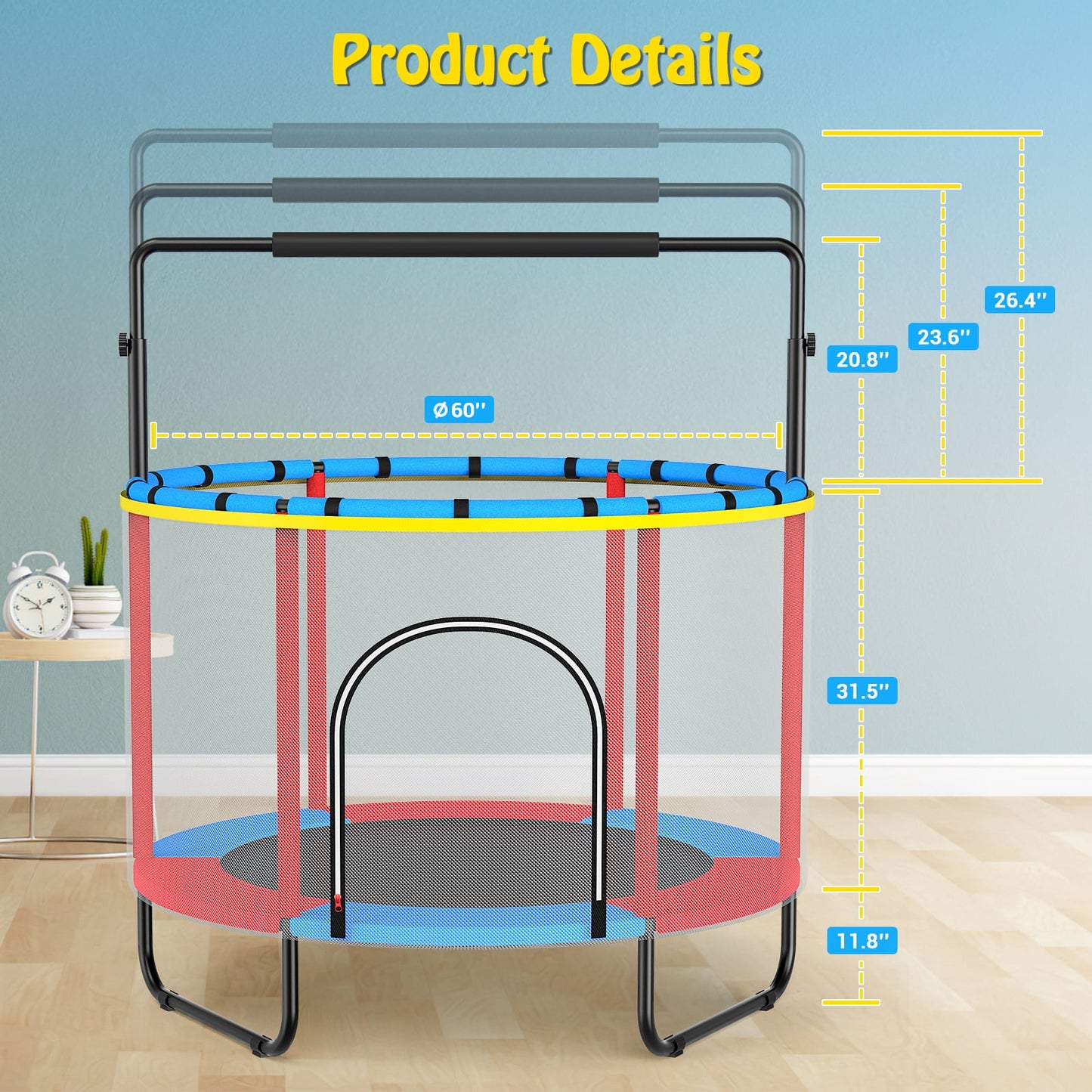 GIKPAL 60'' Kids Trampoline with Basketball Hoop & Safety Net, Swing, Rings, Gymnastic Bar, Indoor/Outdoor Toddler Trampoline Gift for Boys & Girls, Blue