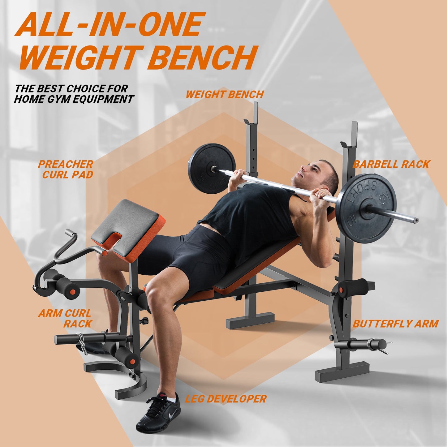 GIKPAL 6-in-1 Multi-Purpose Adjustable Weight Bench Workout Bench Set with Barbel Rack and Leg Developer for Home Gym Full Body Function Strength Training(excluding Barbell and Weight Plate)