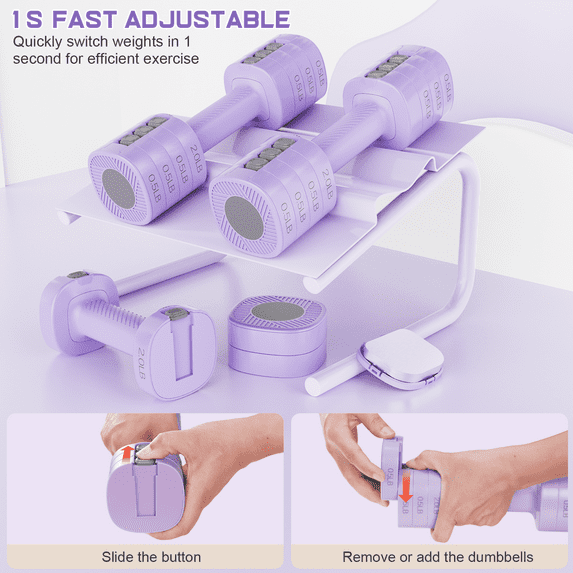 GIKPAL 5lbs*2 Adjustable Dumbbells Set, 4-in-1 Free Weights for Women, Each 2lb 3lb 4lb 5lb Hand Weights for Home Gym, Purple