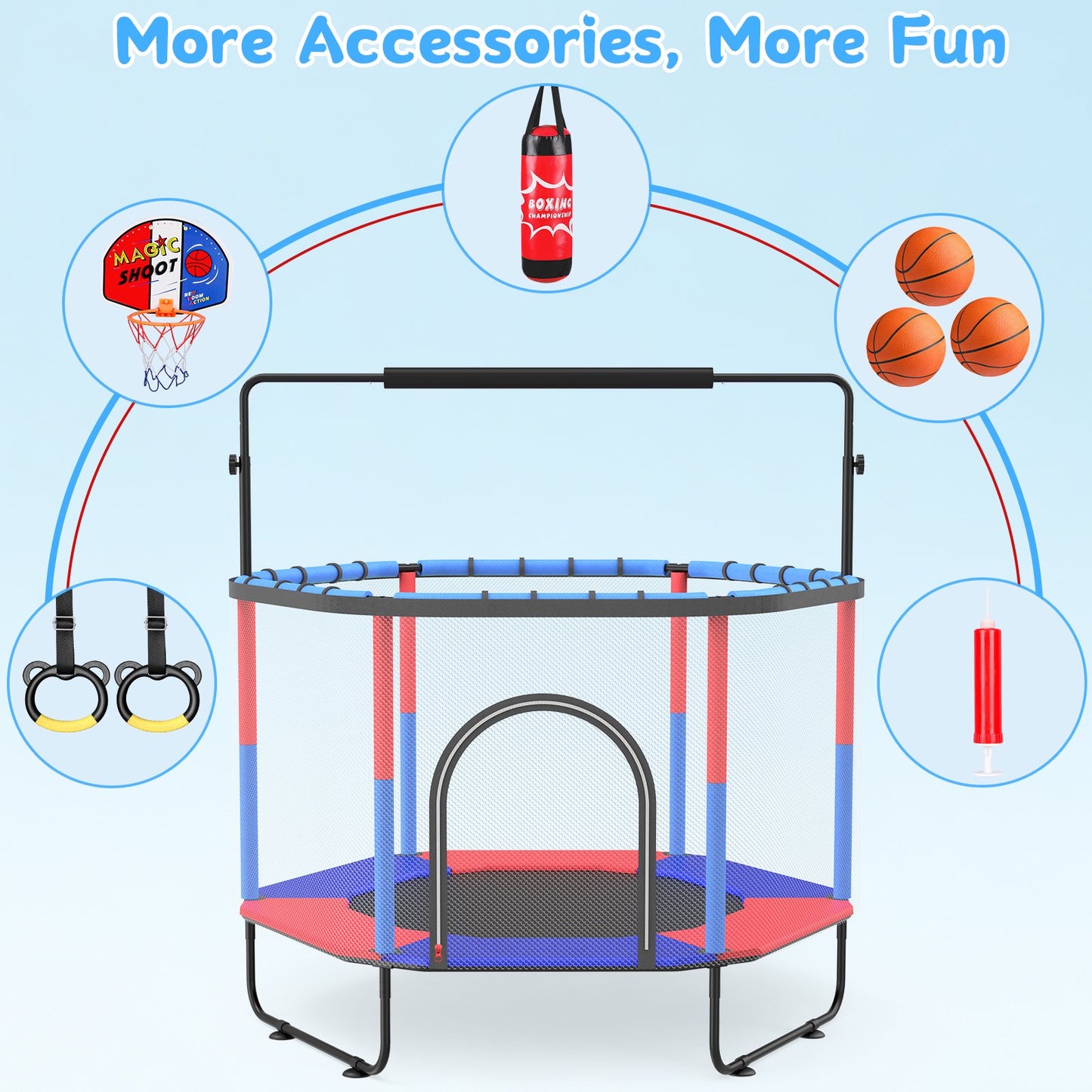 GIKPAL 60'' Kids Trampoline with Basketball Hoop & Safety Net, Rings, Gymnastic Bar, Indoor/Outdoor Toddler Trampoline Gift for Boys & Girls, Blue