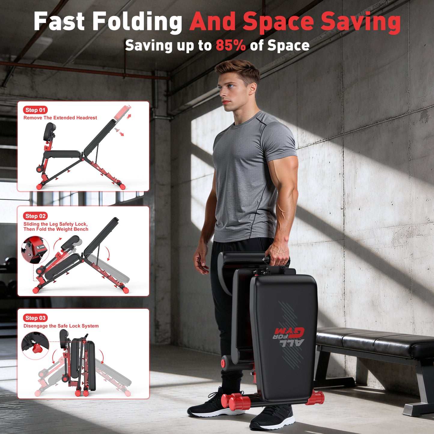 GIKPAL 8 Positions Multi-purpose Adjustable Weight Bench with Resistance Band,Foldable Workout Bench With Extended Headrest & Preacher Curl for Home Gym, 880lbs Capacity