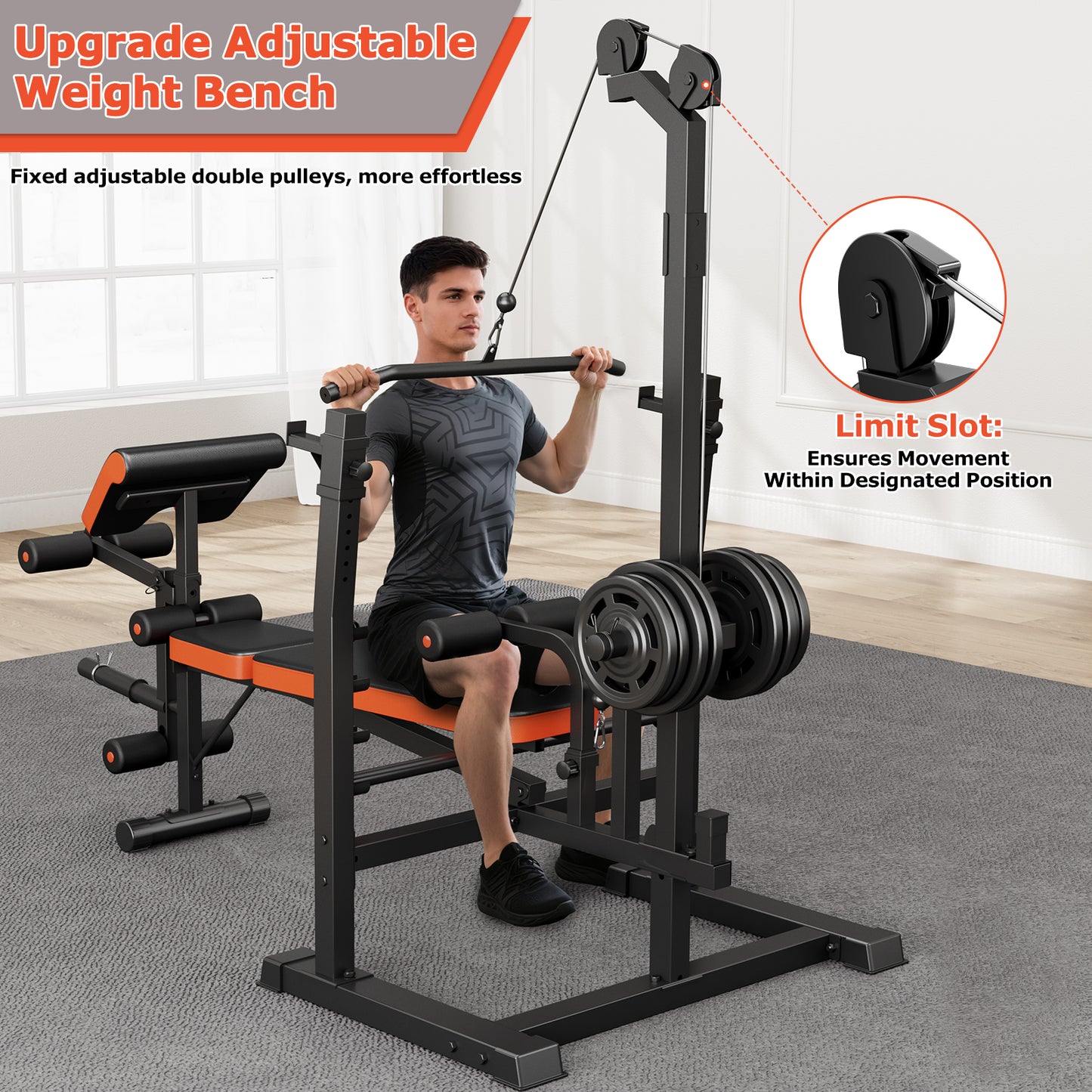 GIKPAL 800lbs 10-in-1 Multi-Function Adjustable Weight Bench Set with Row Machine & Lat Pull Down,Workout Bench with 70lb(10lb*2+25lb*2) Weight Plates