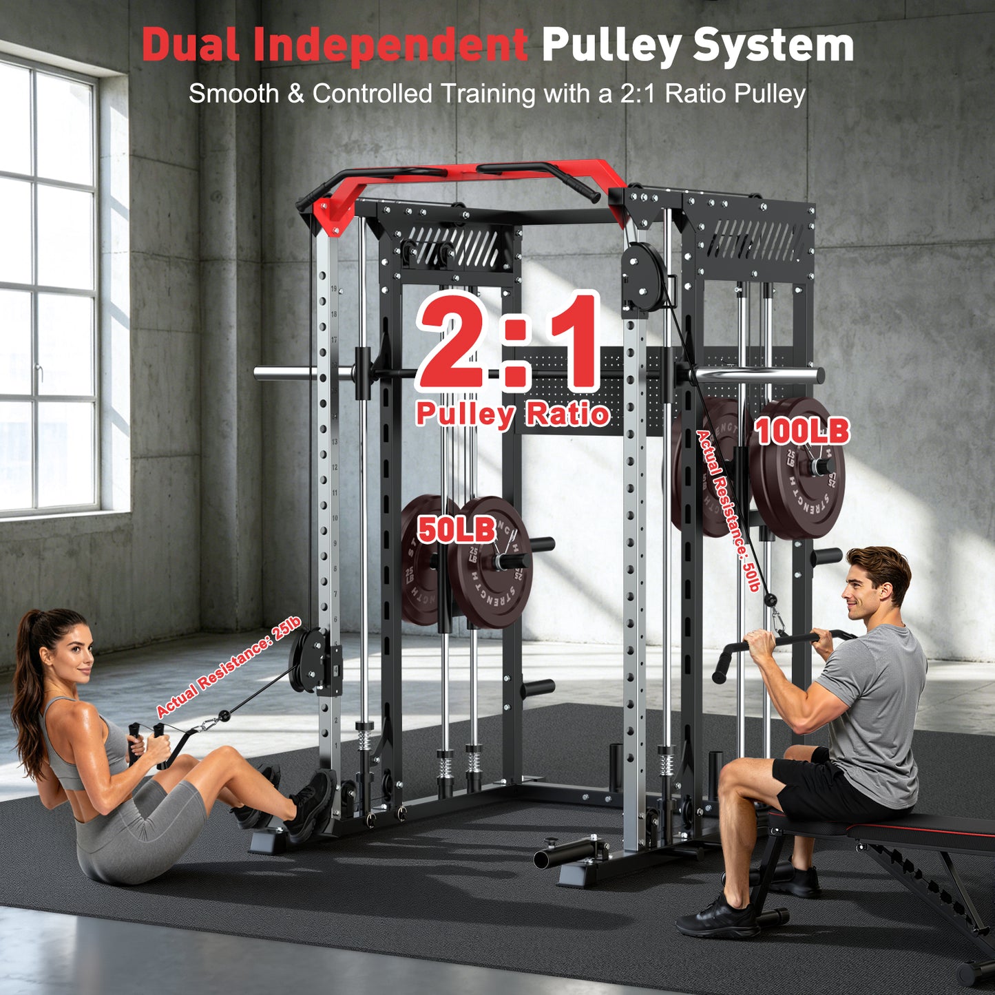 BEARBRO Multi-Function Smith Machine Home Gym, Heavy Duty 2300LBS Power Rack with 230lbs Weight Plates