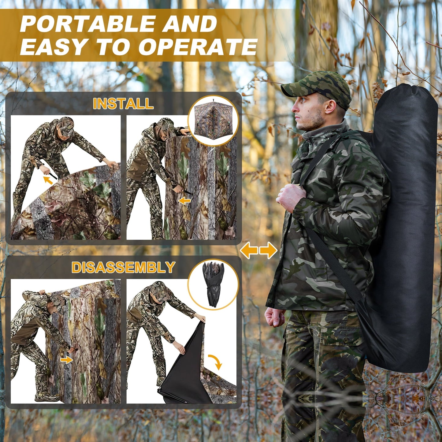 GIKPAL Portable 360-Degree See Through Hunting Blind for 2-3 People with Tie-Downs and Carrying Bag, Ideal for Deer, Duck, and Turkey Hunting
