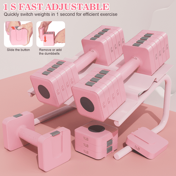 GIKPAL 10lbs*2 Adjustable Dumbbells Set, 4-in-1 Free Weights for Women, Hand Weights for Home Gym, Pink