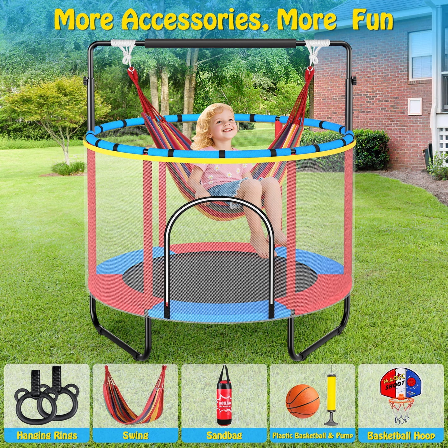GIKPAL 60'' Kids Trampoline with Basketball Hoop & Safety Net, Swing, Rings, Gymnastic Bar, Indoor/Outdoor Toddler Trampoline Gift for Boys & Girls, Blue