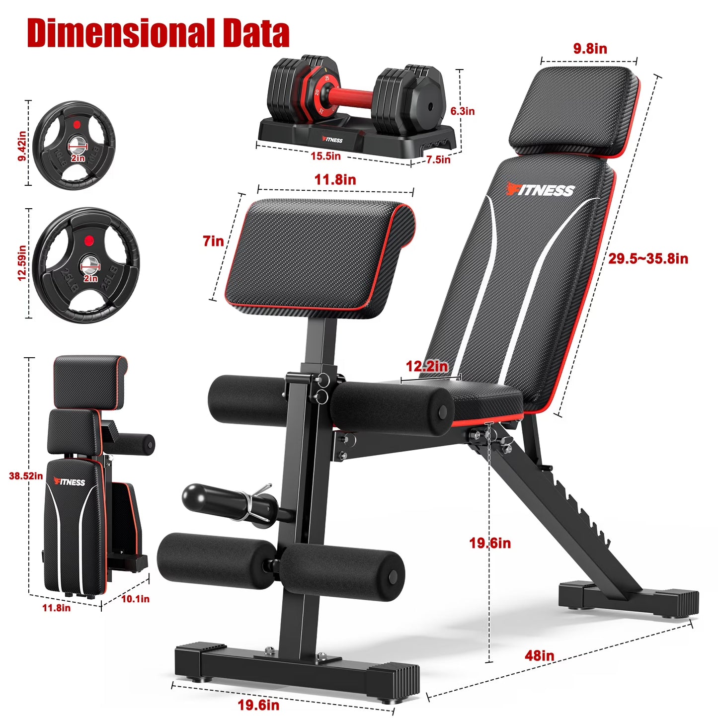 GIKPAL 7 Positions Foldable Adjustable Olympics Weight Bench Workout Bench with 50lb(25lb*2) Adjustable Dumbbell & 70lb(10lb*2+25lb*2) Weight Plates