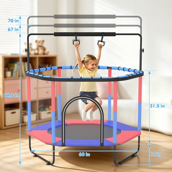 GIKPAL 60'' Kids Trampoline with Basketball Hoop & Safety Net, Rings, Gymnastic Bar, Indoor/Outdoor Toddler Trampoline Gift for Boys & Girls, Blue