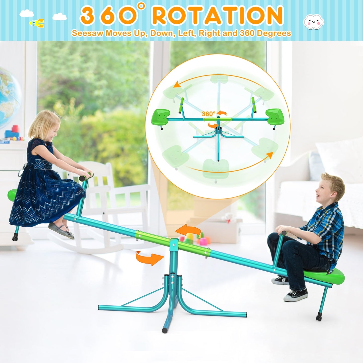 GIKPAL Kids Seesaw, Spinning Teeter Totter, 220lbs Capacity Kids Outdoor Playground Equipment, Swiveling 360 Degrees Rotating for Kids 3-6