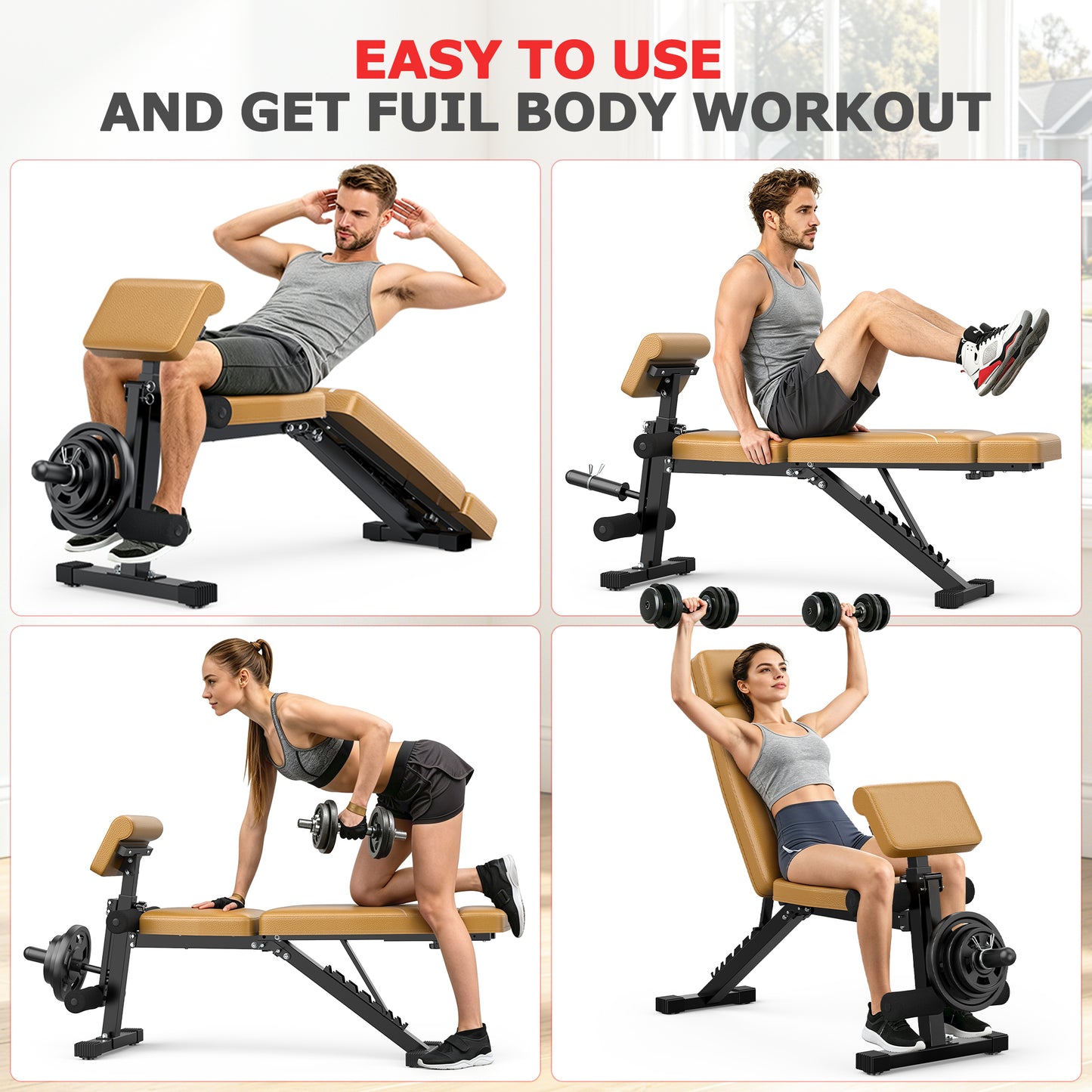 GIKPAL 7 Positions Adjustable Weight Bench With Extended Headrest & Preacher Curl,Foldable Workout Bench Olympic Weight Bench for Home Gym Full Body Strength Training,Support up to 800lbs