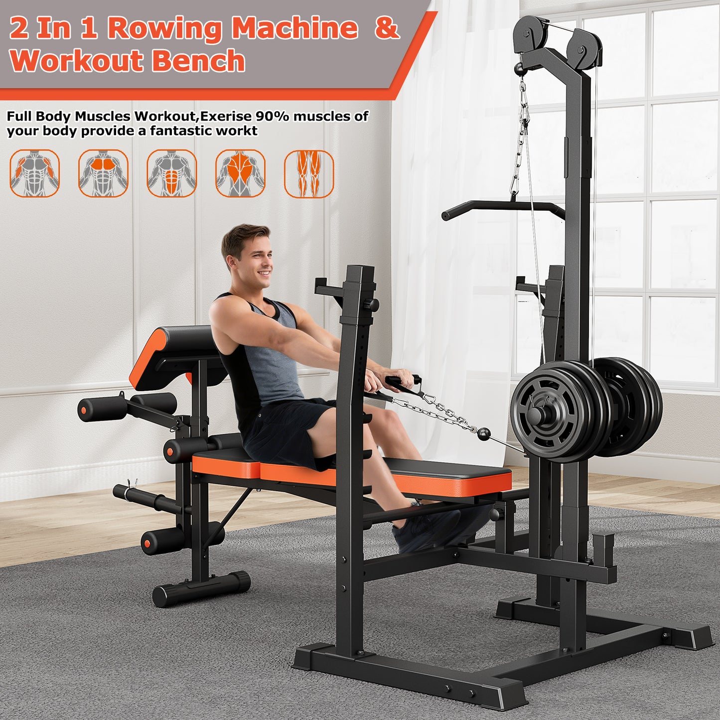 GIKPAL 800lbs 10-in-1 Multi-Function Adjustable Weight Bench Set with Row Machine & Lat Pull Down,Workout Bench with 70lb(10lb*2+25lb*2) Weight Plates